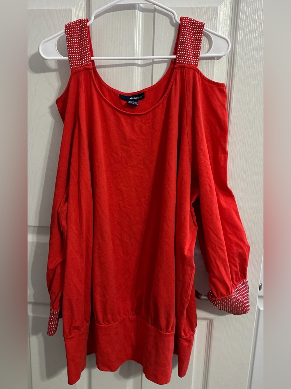Denim 24/7 Women’s Red/Orange Cold-Shoulder top with Studded Straps